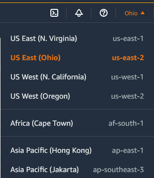 The list of Regions in the Region selector.