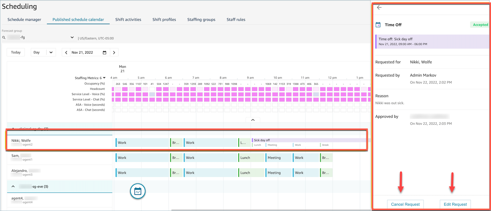 The Scheduling page, the Published schedule calendar tab, the time off requests.