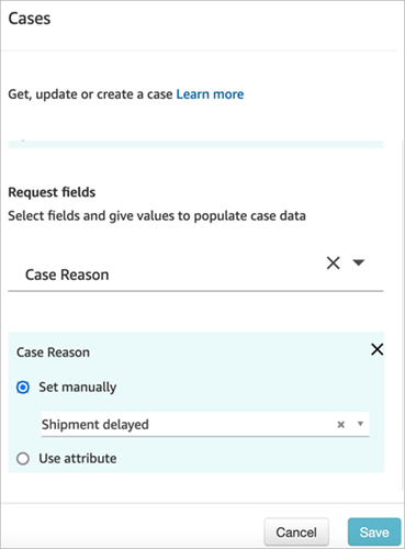 The Create case block with the Case Reason box set to Set manually or Shipment delayed.