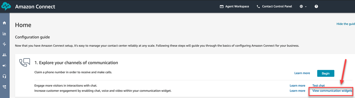 The configuration guide page, the customize communications widget option.