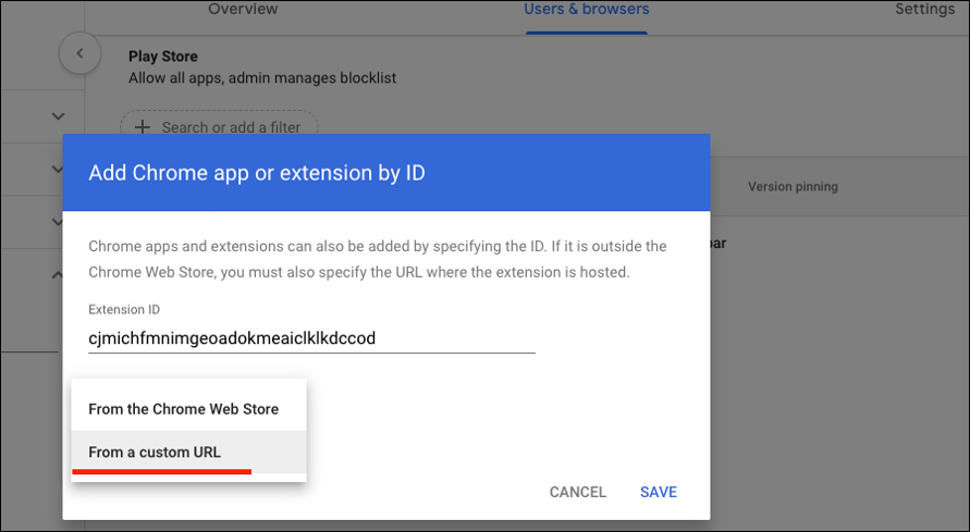 The Add Chrome app or extension by ID dialog box, the From a custom URL option.