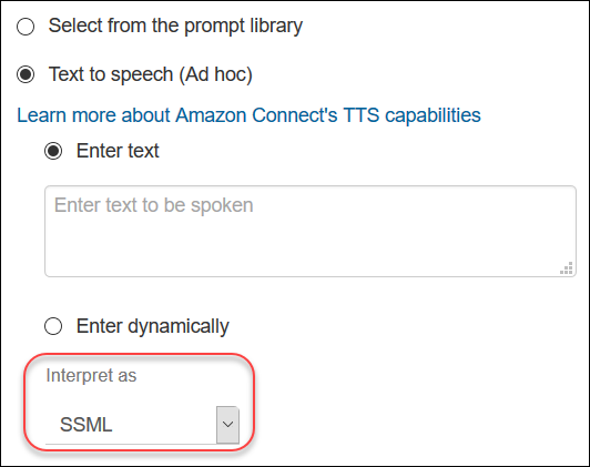 Image of the settings for a flow block showing the Text to speech Interpret as field set to SSML.