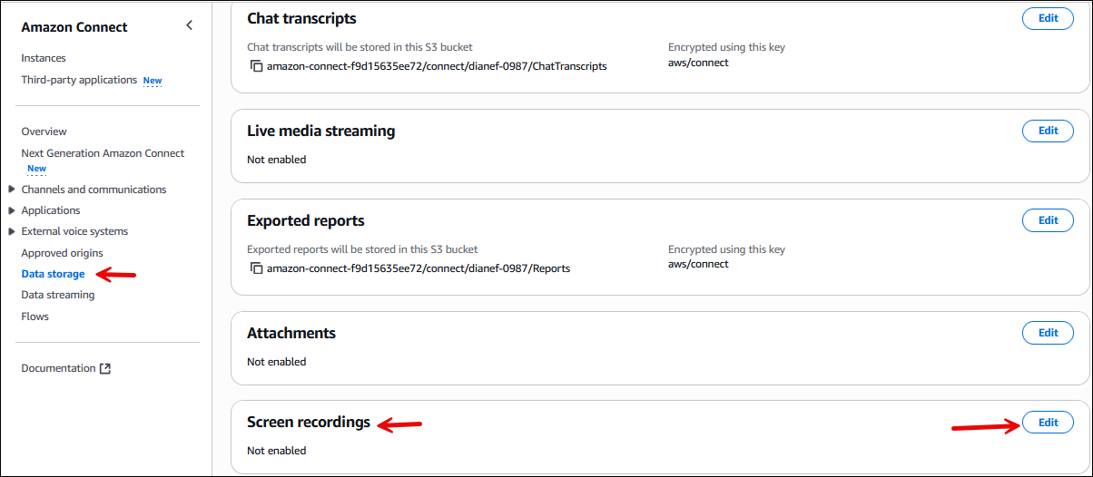 The Screen recordings section of the Data storage page.