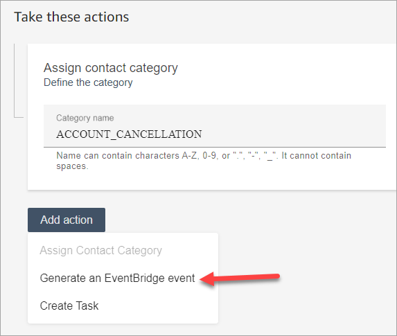 The new rule page, the take these actions section, the add action dropdown list, the Generate an EventBridge event action.