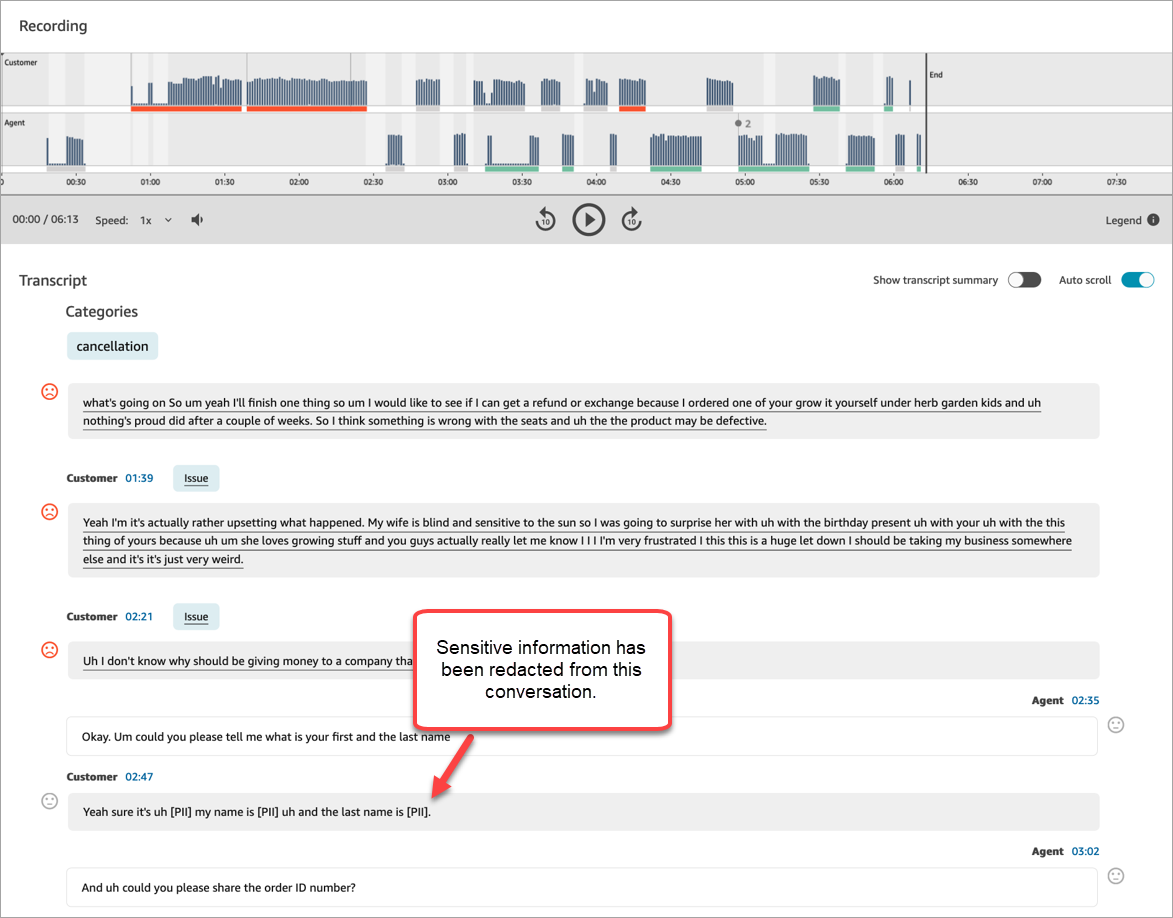 The audio analysis and transcript for the contact.