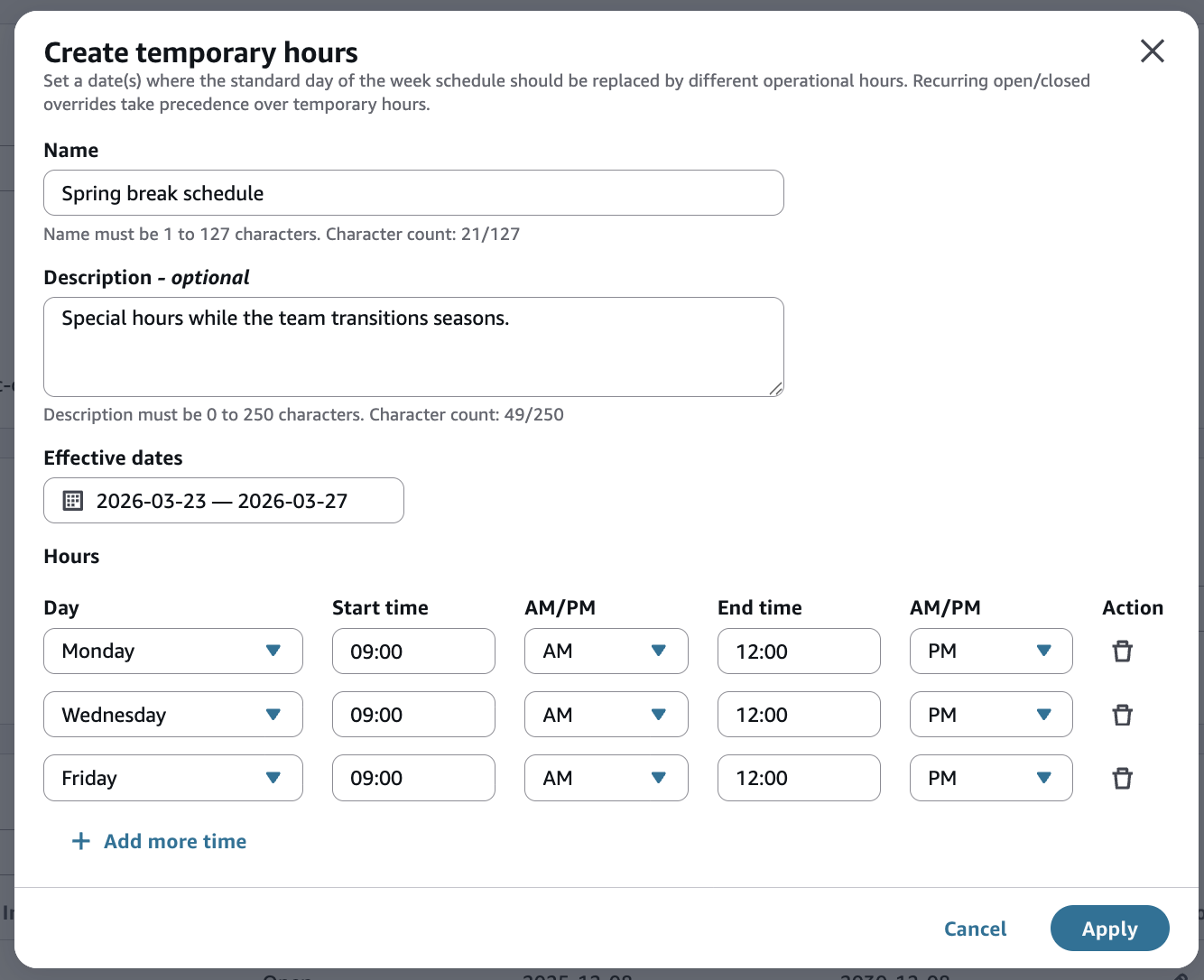 Dialog to create temporary hours for every other day.