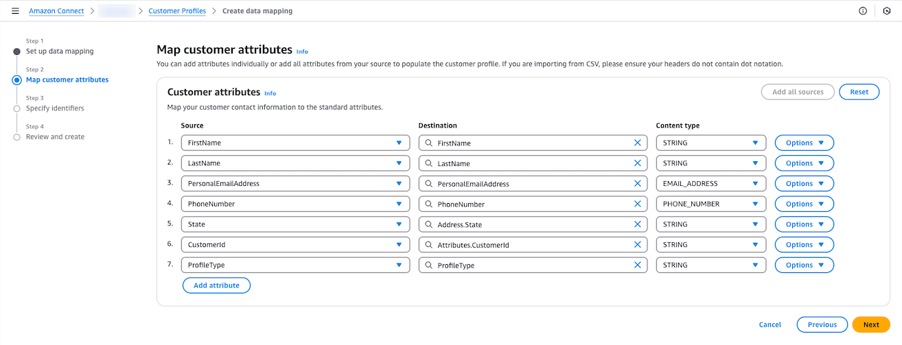 Next, map customer profile attributes. Note the destination called ProfileType.