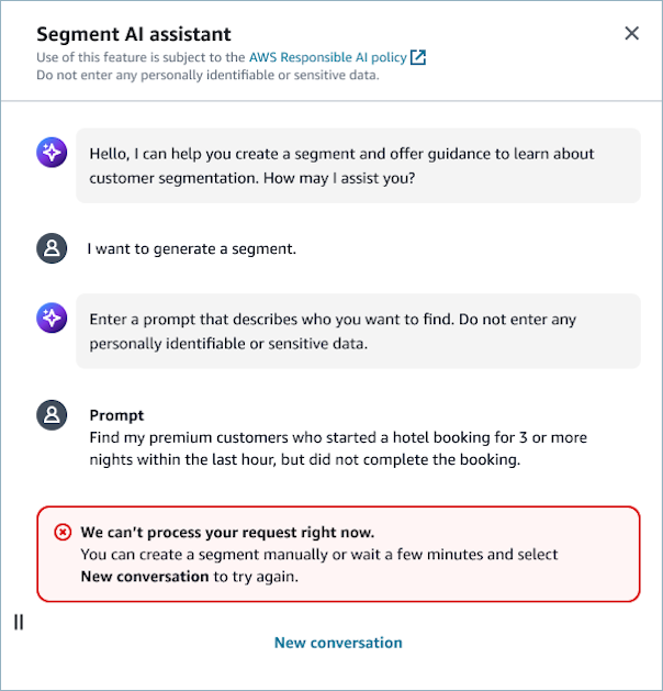An example of an error message that Amazon Connect can't process your request.