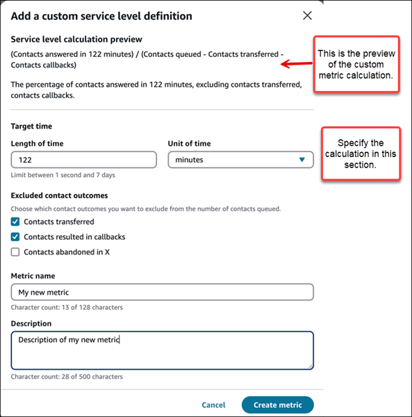 The Add a custom service level definition page.