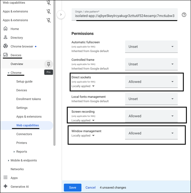 The location of Direct sockets, Screen recording, and Window management Web capabilities page.