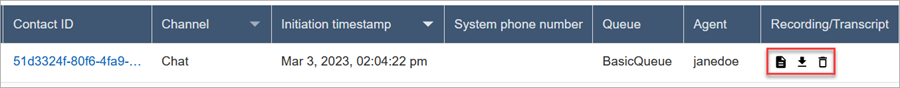 The contact search page, the transcript icon, download icon, and delete icon.
