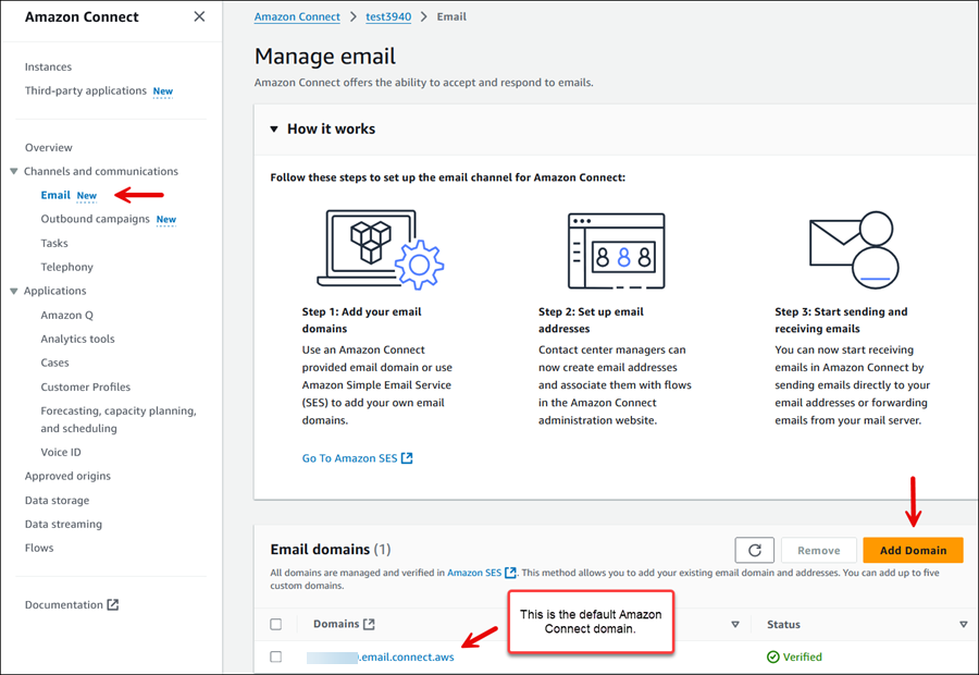 The Email channel on the Amazon Connect console.