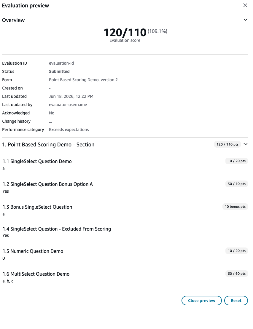 Evaluation preview showing a score of 150/120 (125%) with bonus options and bonus questions contributing extra points.