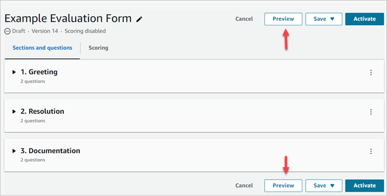 The evaluation form page, the preview button.