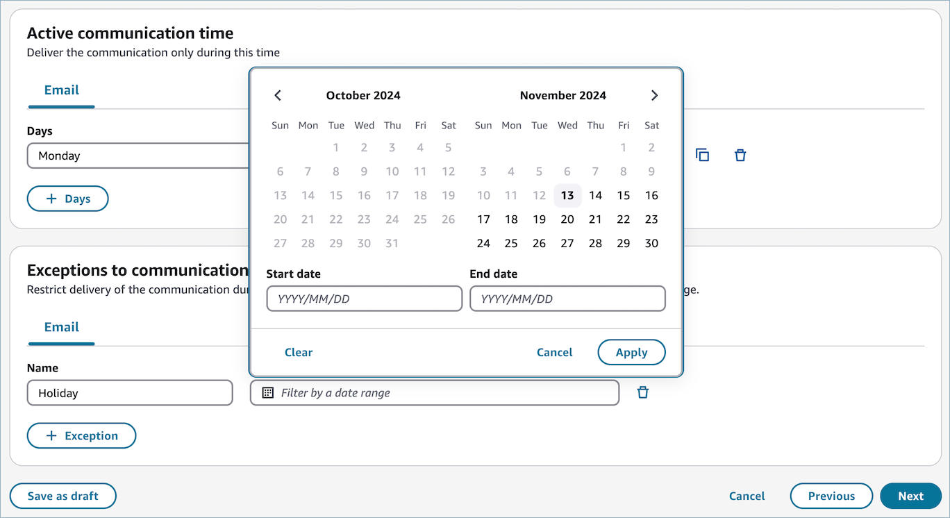 Configuration panel for setting exceptions to standard communication time rules.