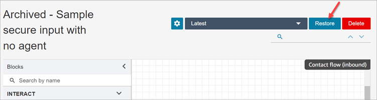 The Amazon Connect flow designer dropdown menu showing the Restore option for an archived flow.