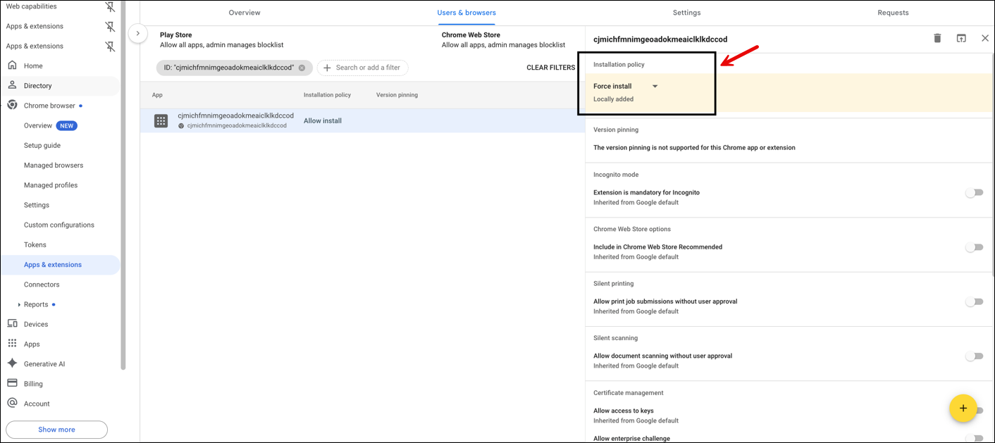The Installation Policy option set to Force install.