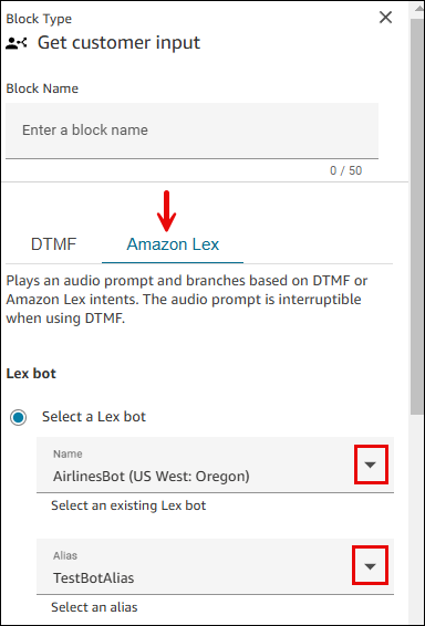 The Get customer input block properties, the Amazon Lex tab.