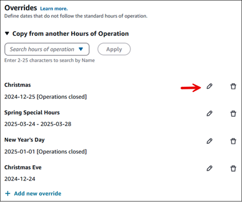 The Overrides page, the options to edit or remove an override.
