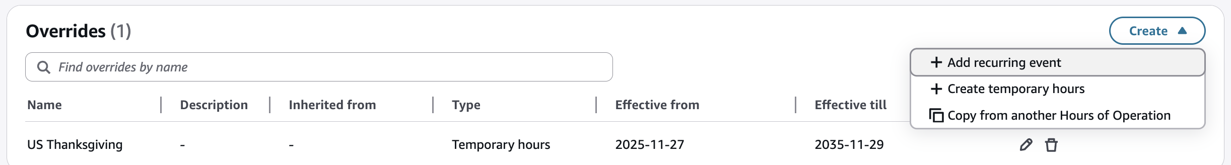 Hours of operations overrides table actions dropdown.