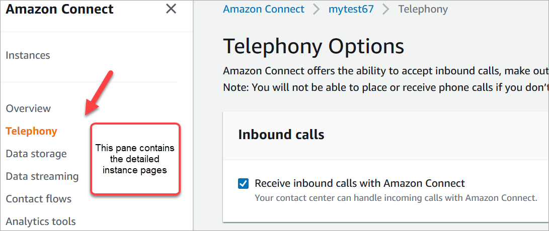 The navigation menu on the Amazon Connect instances page.