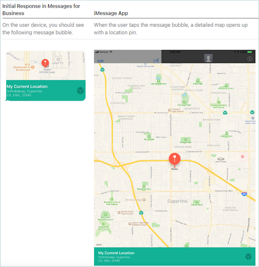 Image of an iMessage app sent using an Apple CIM with a detailed map and location pin.
