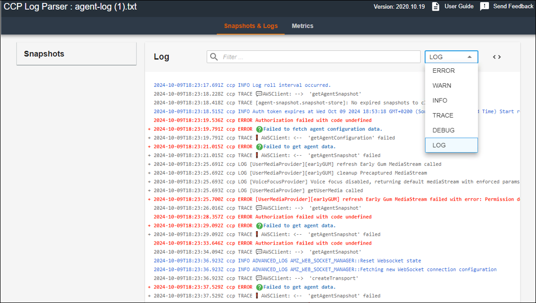 The CCP Log Parser displaying parsed agent log entries with expandable details.