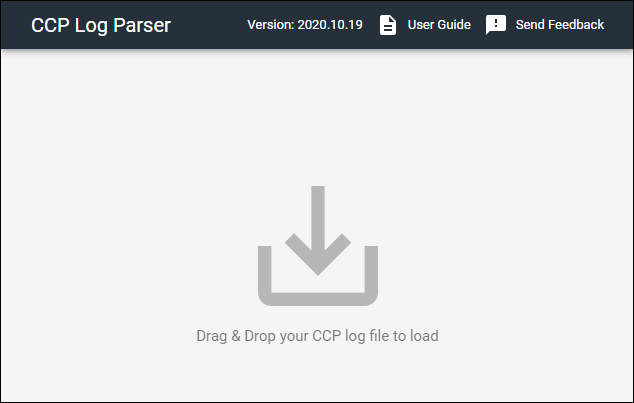 The Amazon Connect CCP Log Parser interface showing the file upload area for analyzing agent logs.