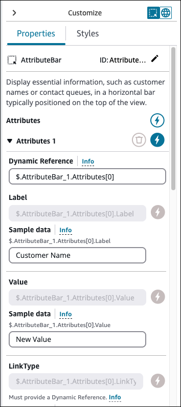 The Customize panel, Customer Name as sample data.