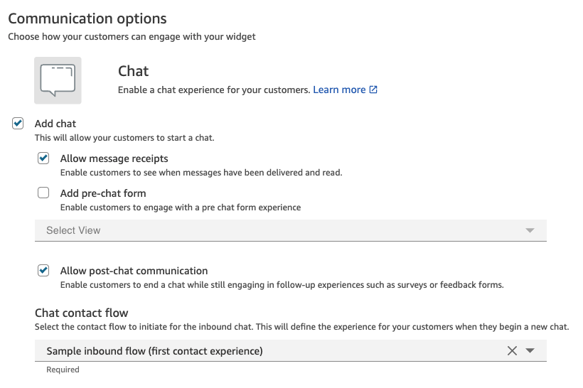 The Communication Widget settings page showing the post-chat survey option.