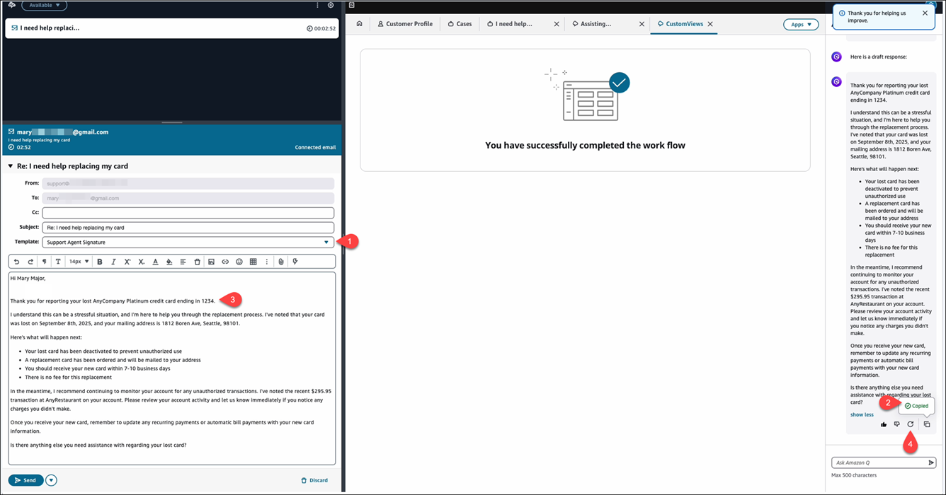 The agent workspace when an agent chooses Reply all to an email contact.