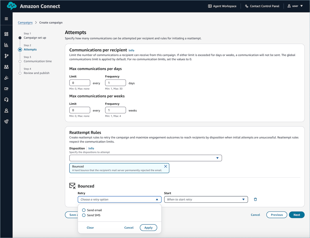 Reattempt rules configuration panel showing retry settings for failed contact attempts.