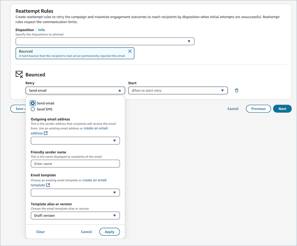 Expanded Reattempt Rules panel showing the retry channel selection dropdown with voice, email and SMS options.