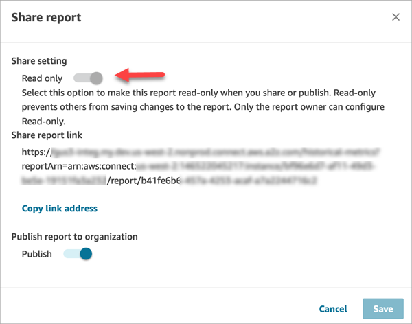 The Read-only toggle in the disabled state, in the Share report dialog box.