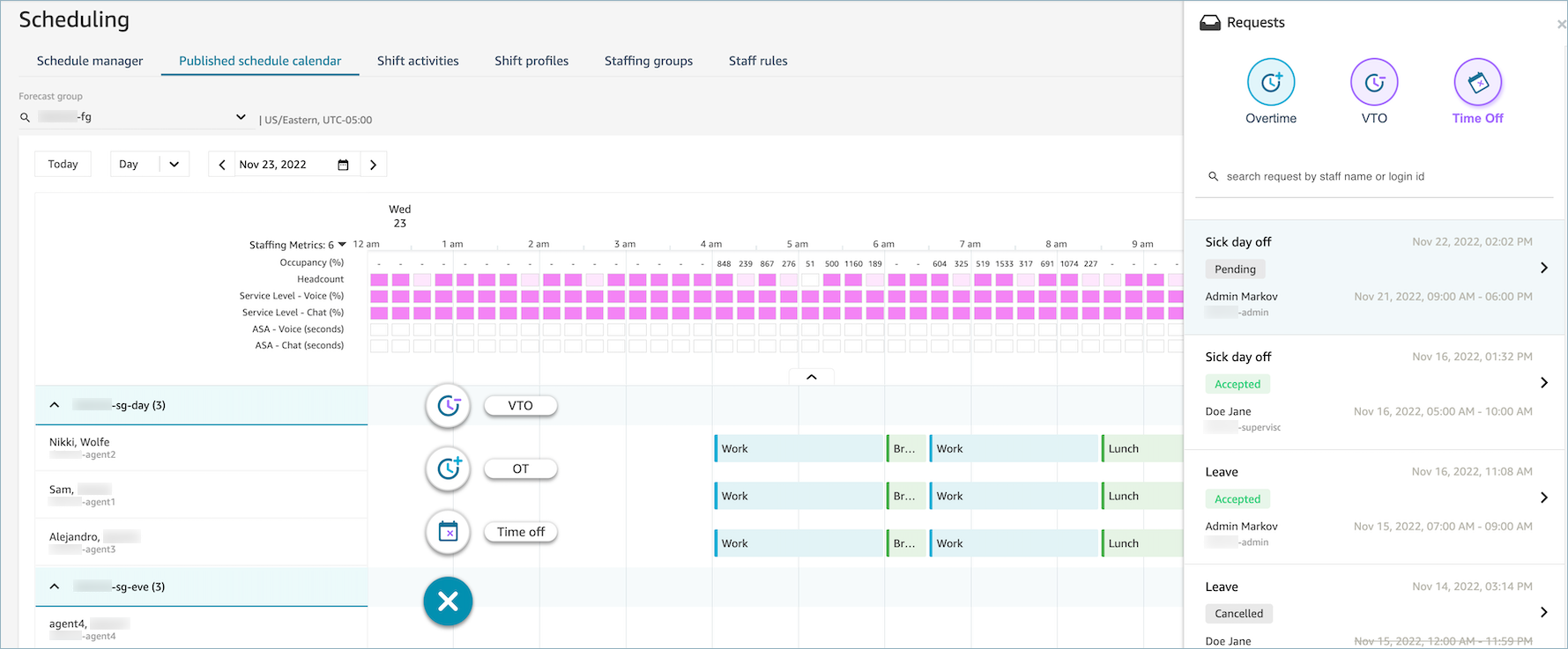The Scheduling page, the Published schedule calendar tab, the time off requests.
