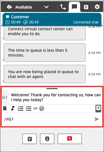 Image of a chat window with a welcome message and /#G1.