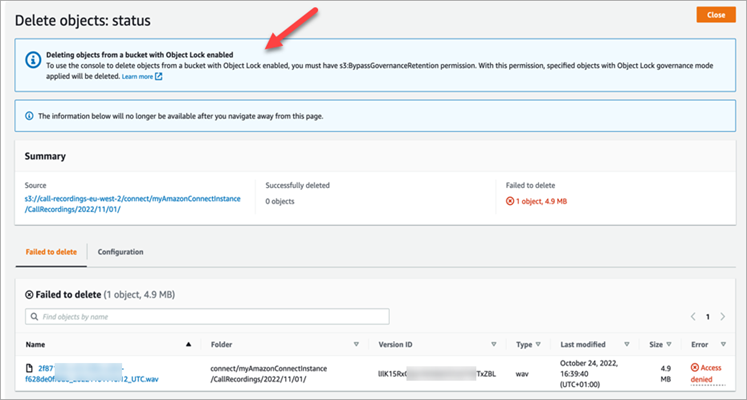 The Amazon S3 console, Delete objects status notification.