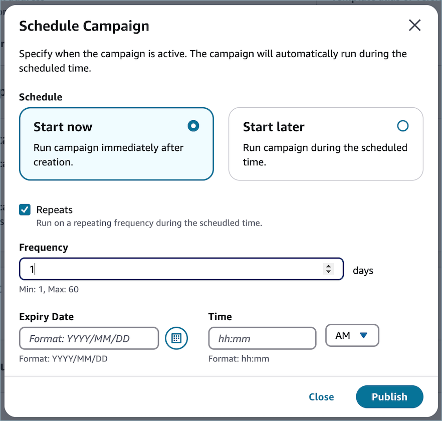 Campaign frequency configuration with repeating schedule options and publish button.