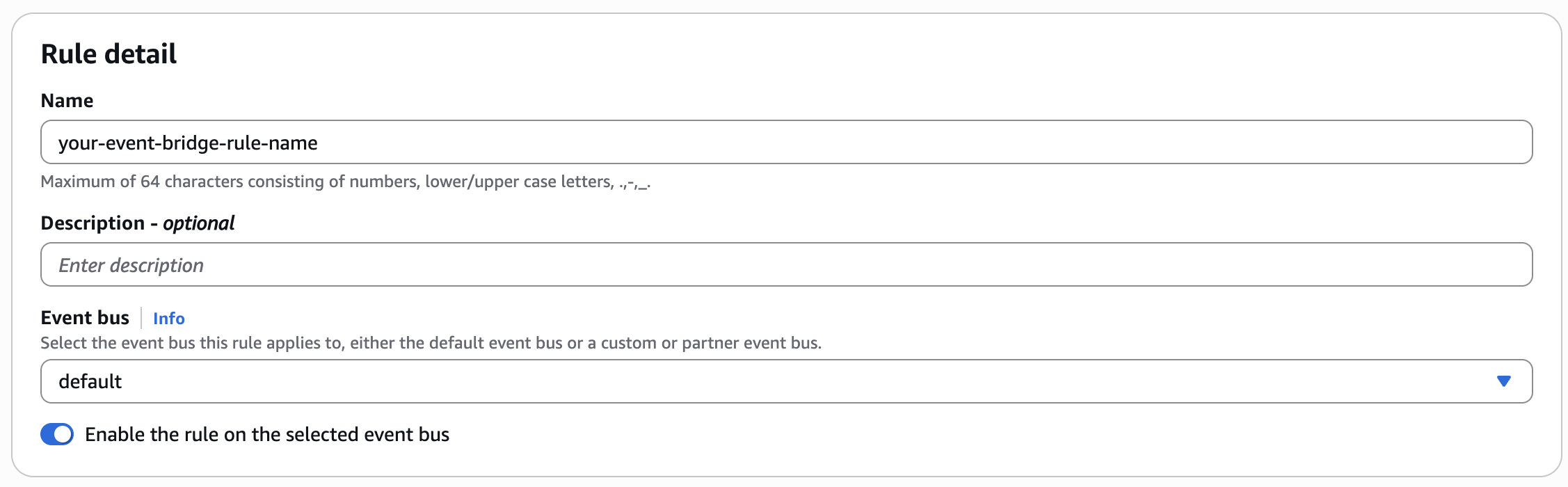 The Create rule page showing the default event bus selection.