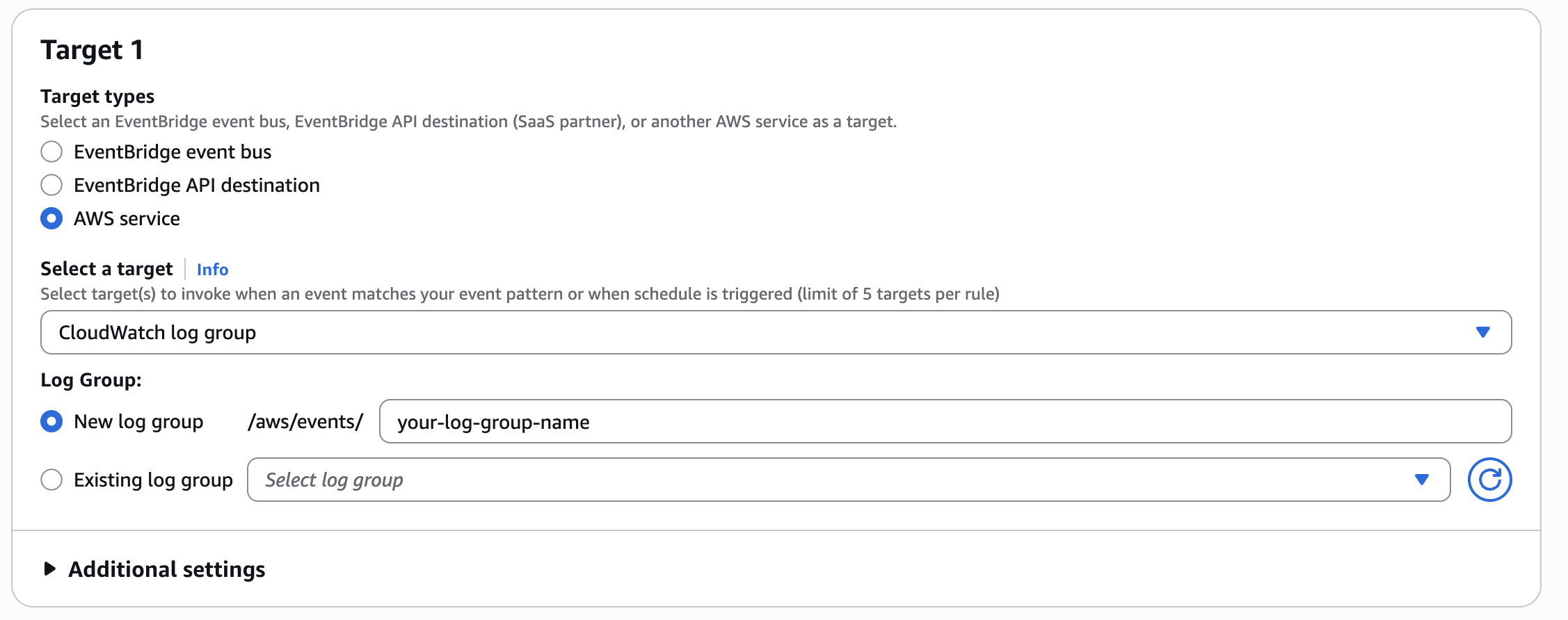 The Target configuration showing CloudWatch log group selected.