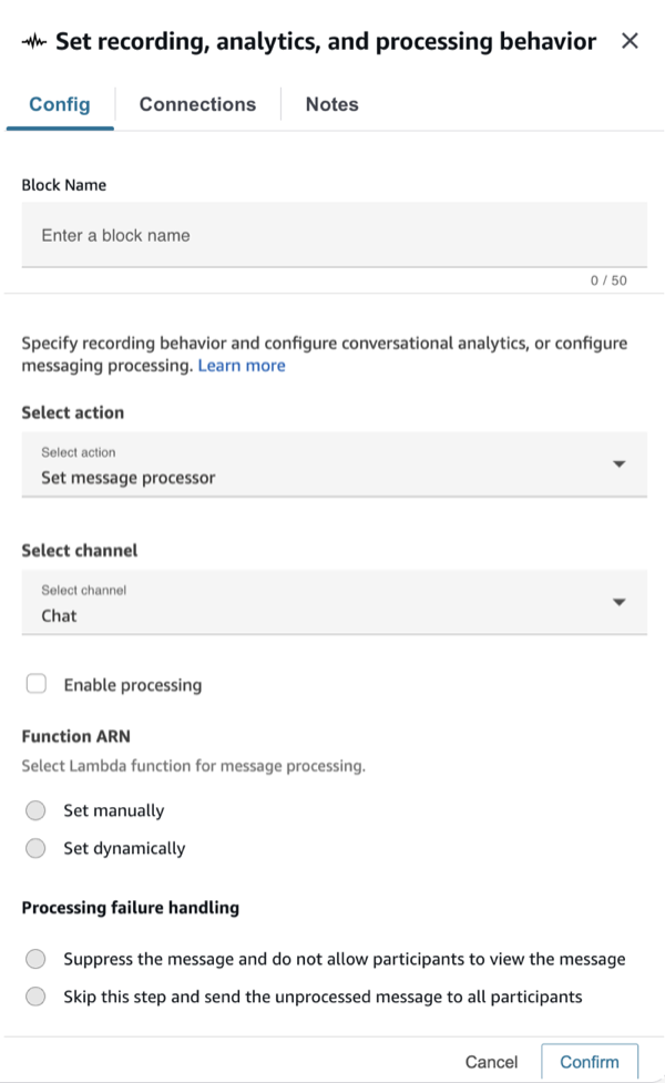 The Set message processor action configuration with processing disabled.