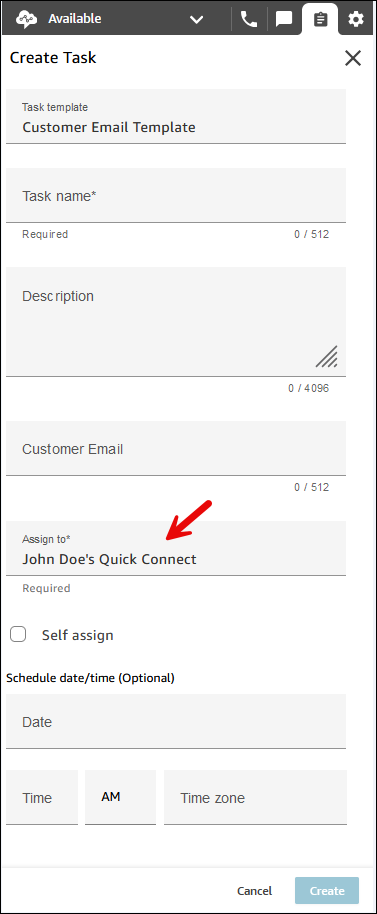 The CCP, create task page, the Assign to field set to John Doe's quick connect.