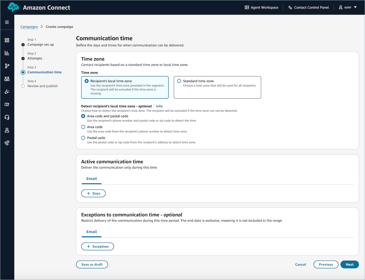 Time zone configuration panel for setting campaign contact hours by geographic region.