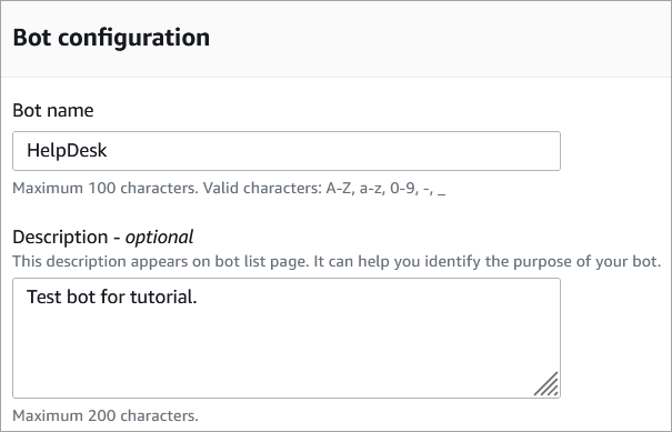 The the bot configuration section, the bot name box, the description box.