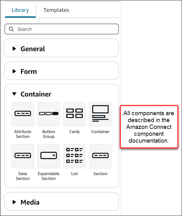 The no-code builder Create panel, the Library tab, the UI components.