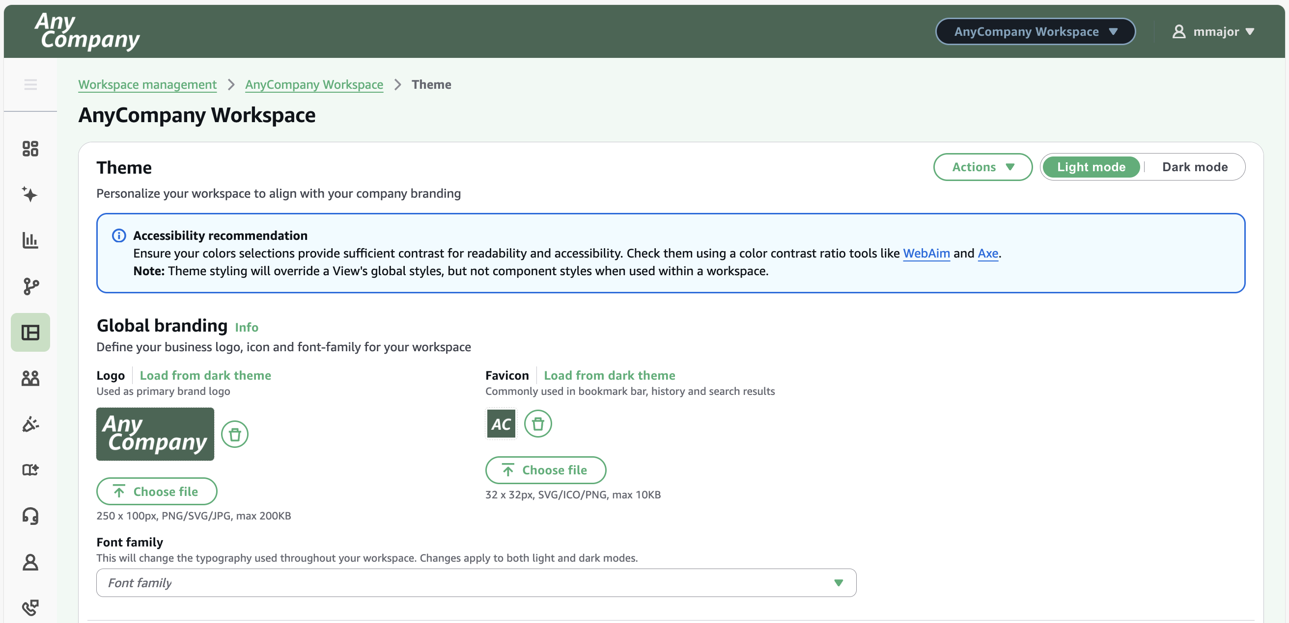 Workspace theme customization form.
