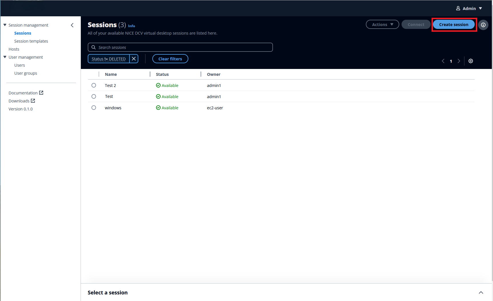 Sessions management interface showing available virtual desktop sessions and options.
