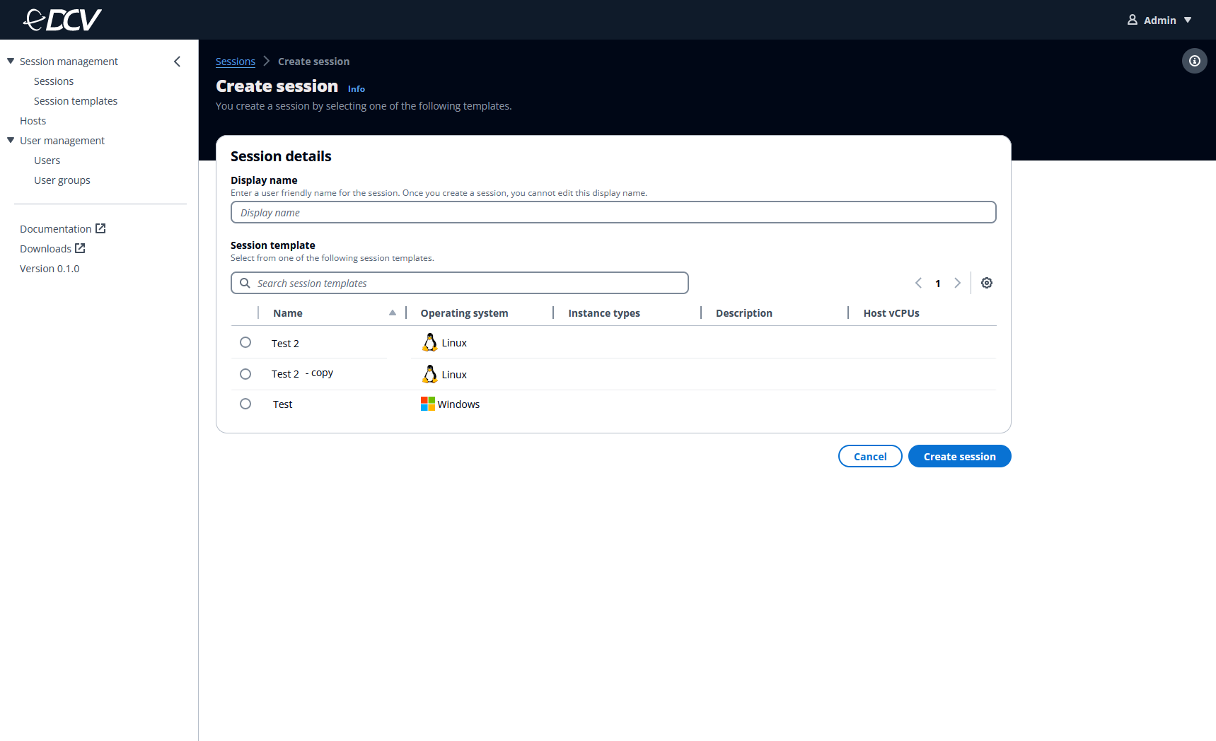 Create session interface with display name field and session template options.