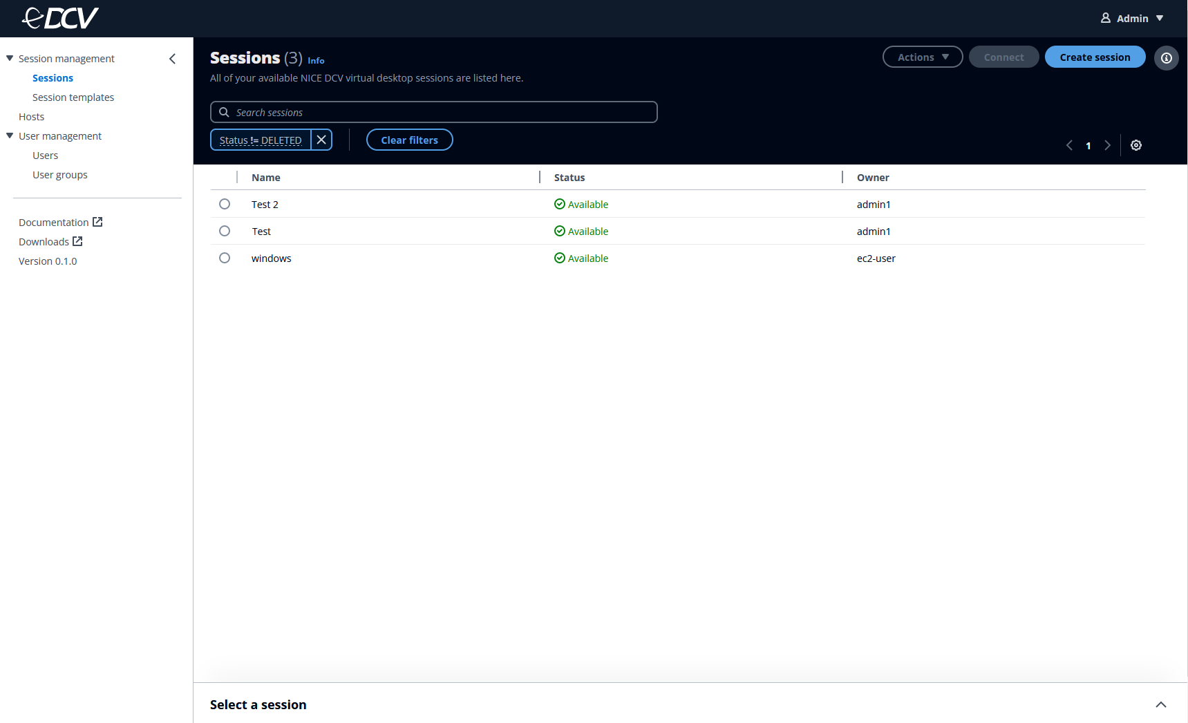Sessions dashboard showing three available virtual desktop sessions with their names and owners.