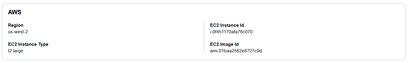 AWS EC2 instance details showing region, instance type, ID, and image ID.